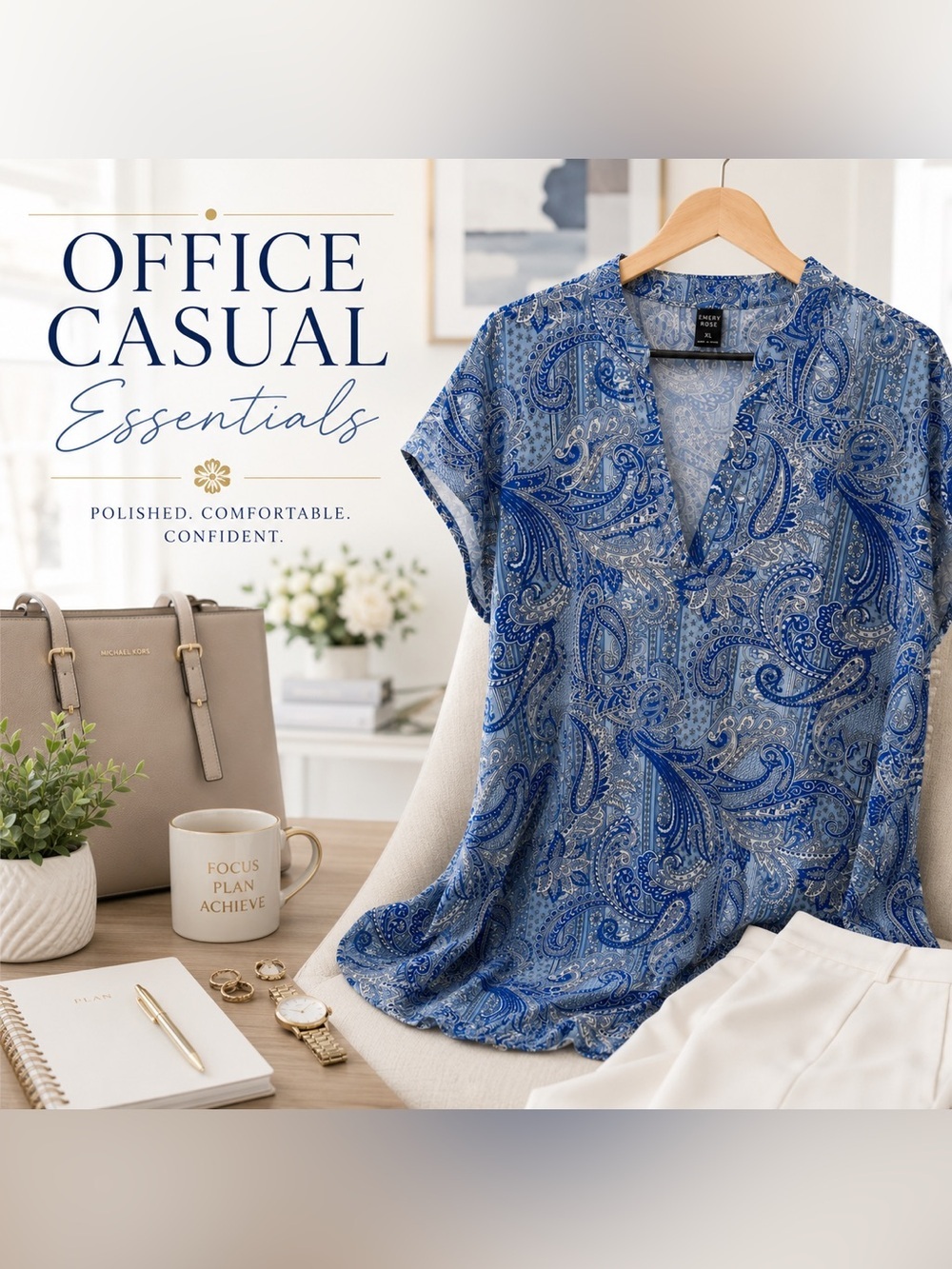 Emery Rose XL Blue Paisley V-Neck Short Sleeve Blouse